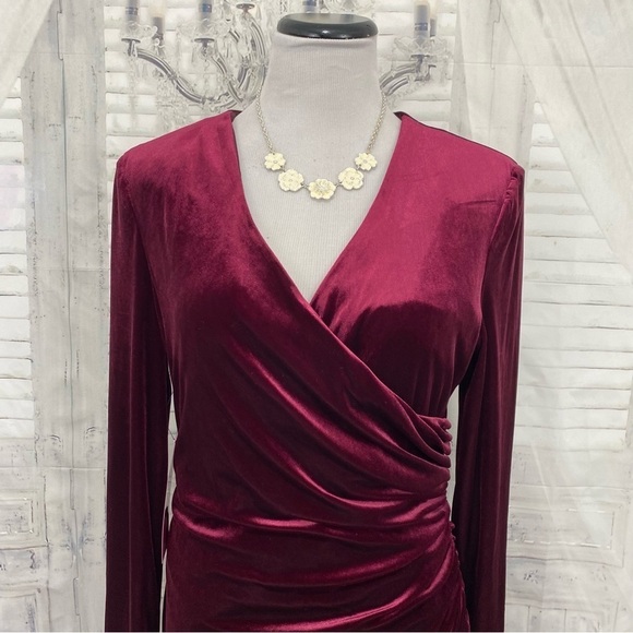 Alex Marie Long Sleeve Solid Mahogany Red Velvet Ruched Faux Wrap Dress V Neck - Picture 2 of 12